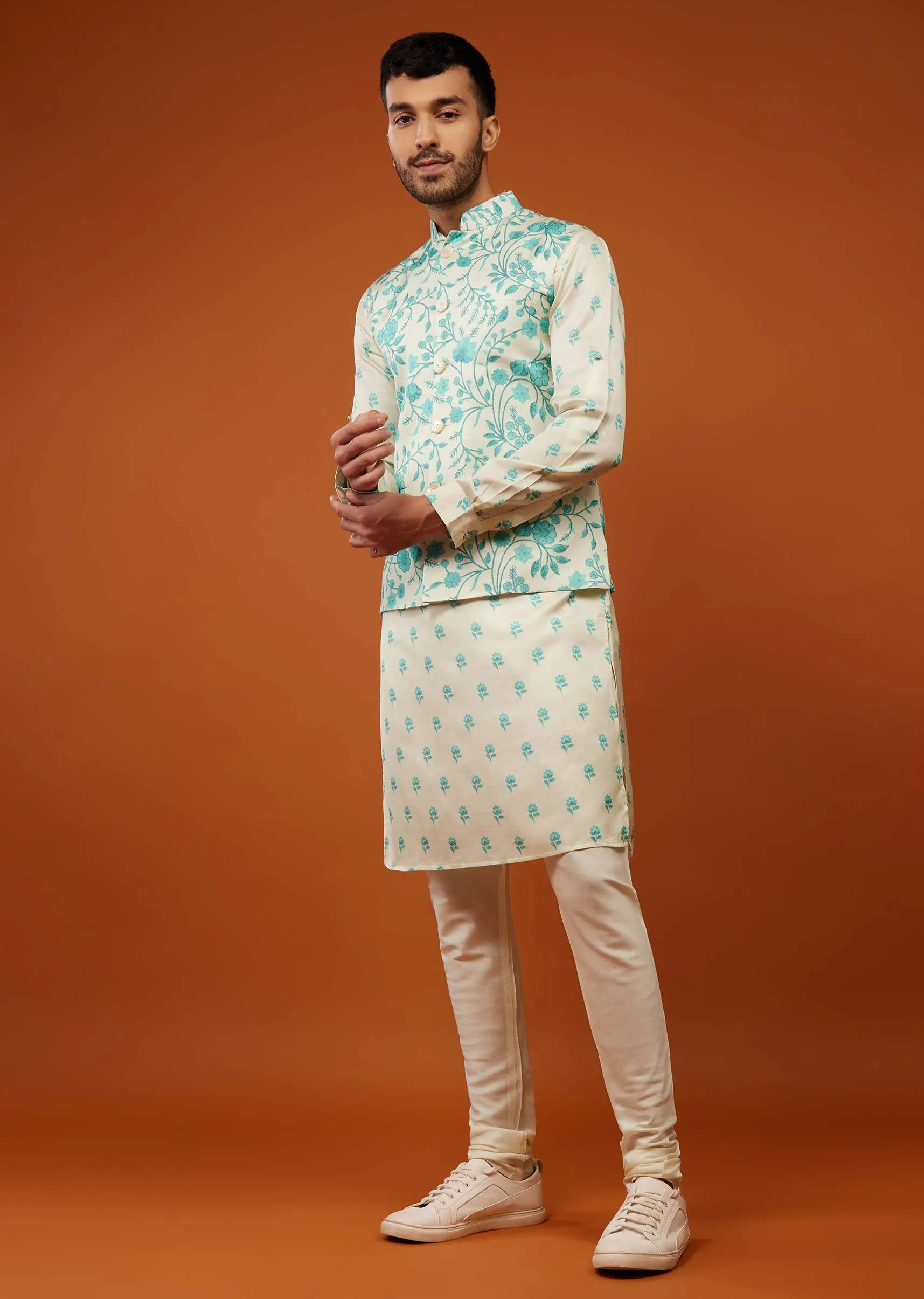 Beige White Bandi Jacket Set With Blue Floral Print In Cotton Silk