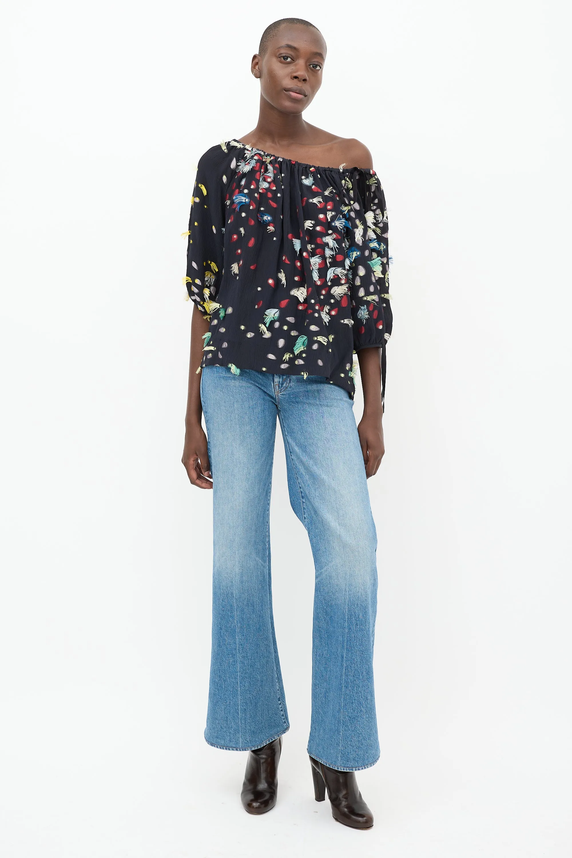 Black & Multicolour Silk Fringe Polka Dot Top