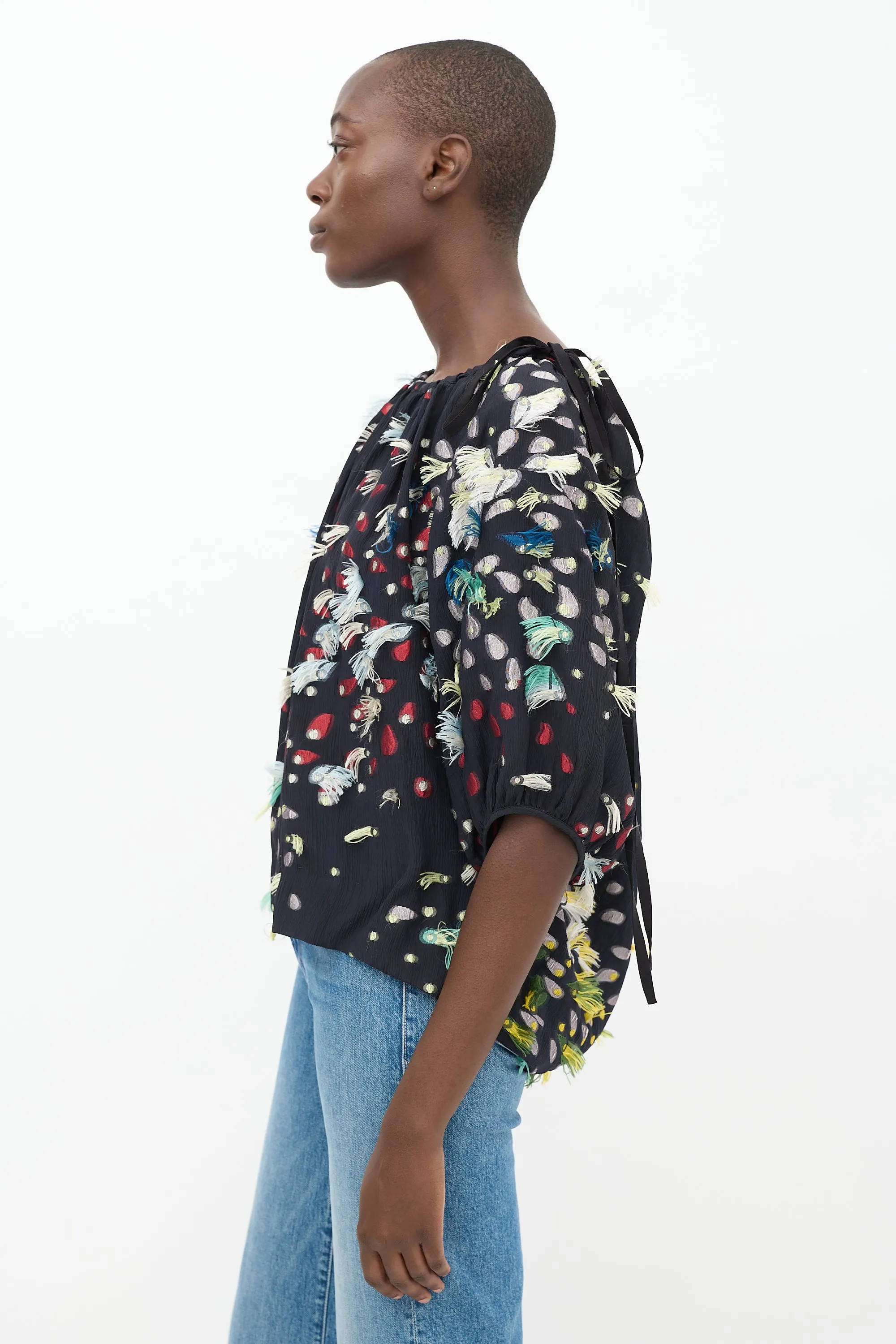 Black & Multicolour Silk Fringe Polka Dot Top