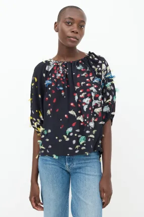 Black & Multicolour Silk Fringe Polka Dot Top
