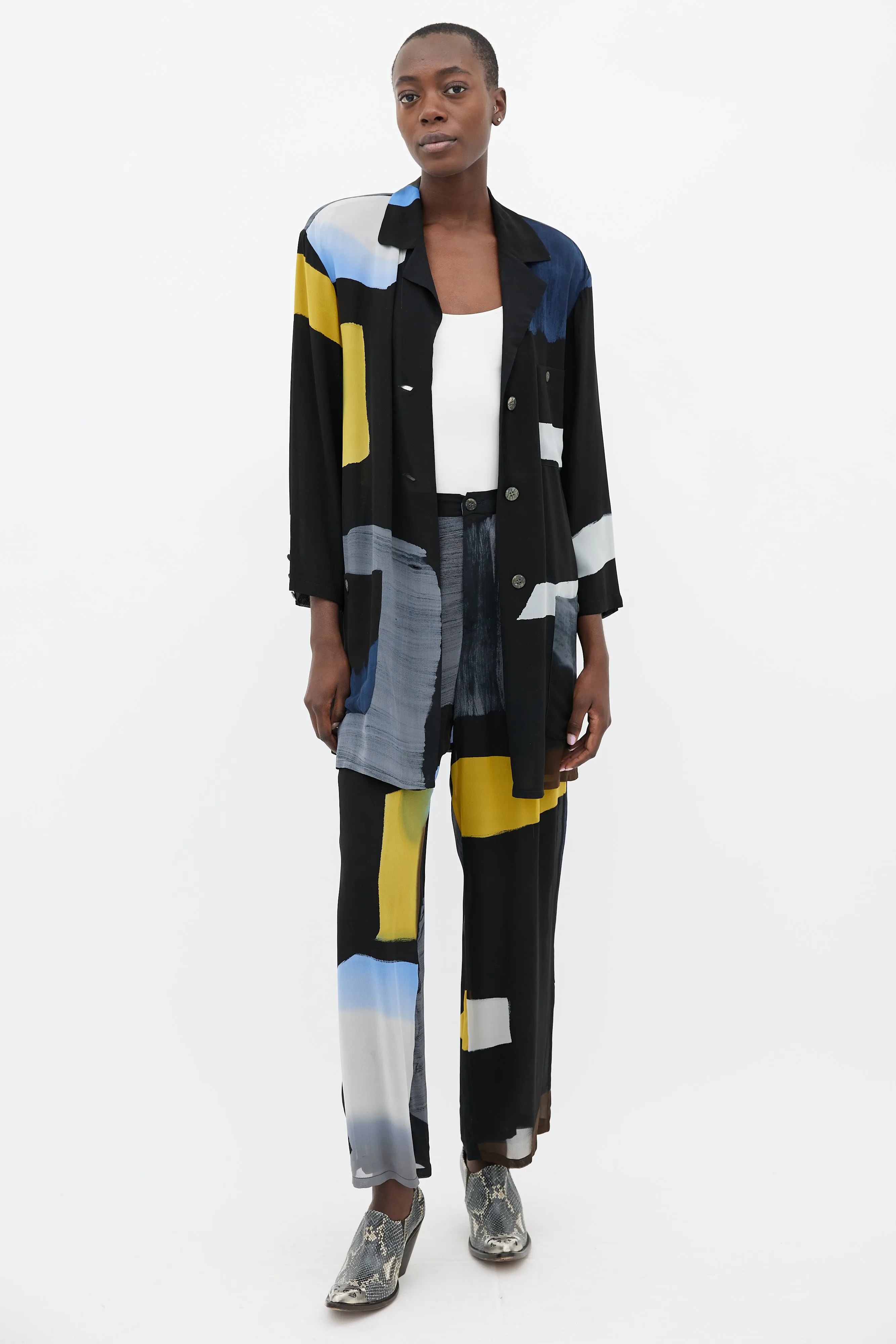 Black, Blue & Yellow Silk Shirt & Trouser Co-Ord Set