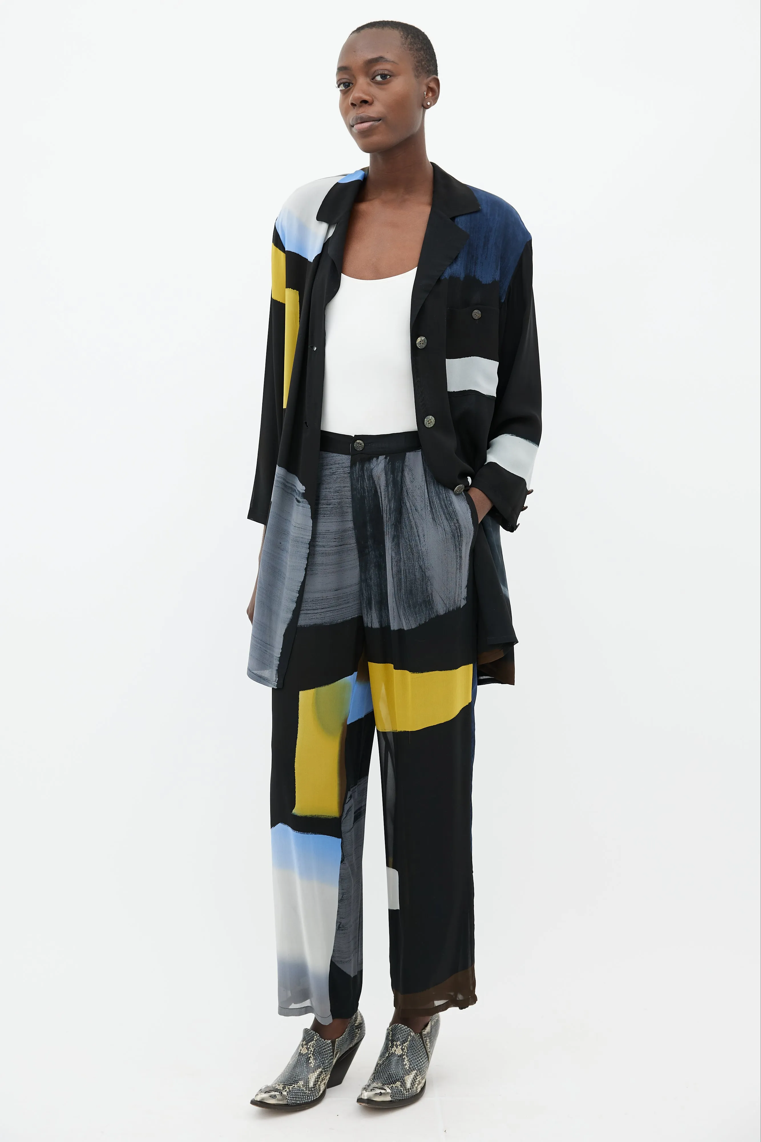 Black, Blue & Yellow Silk Shirt & Trouser Co-Ord Set