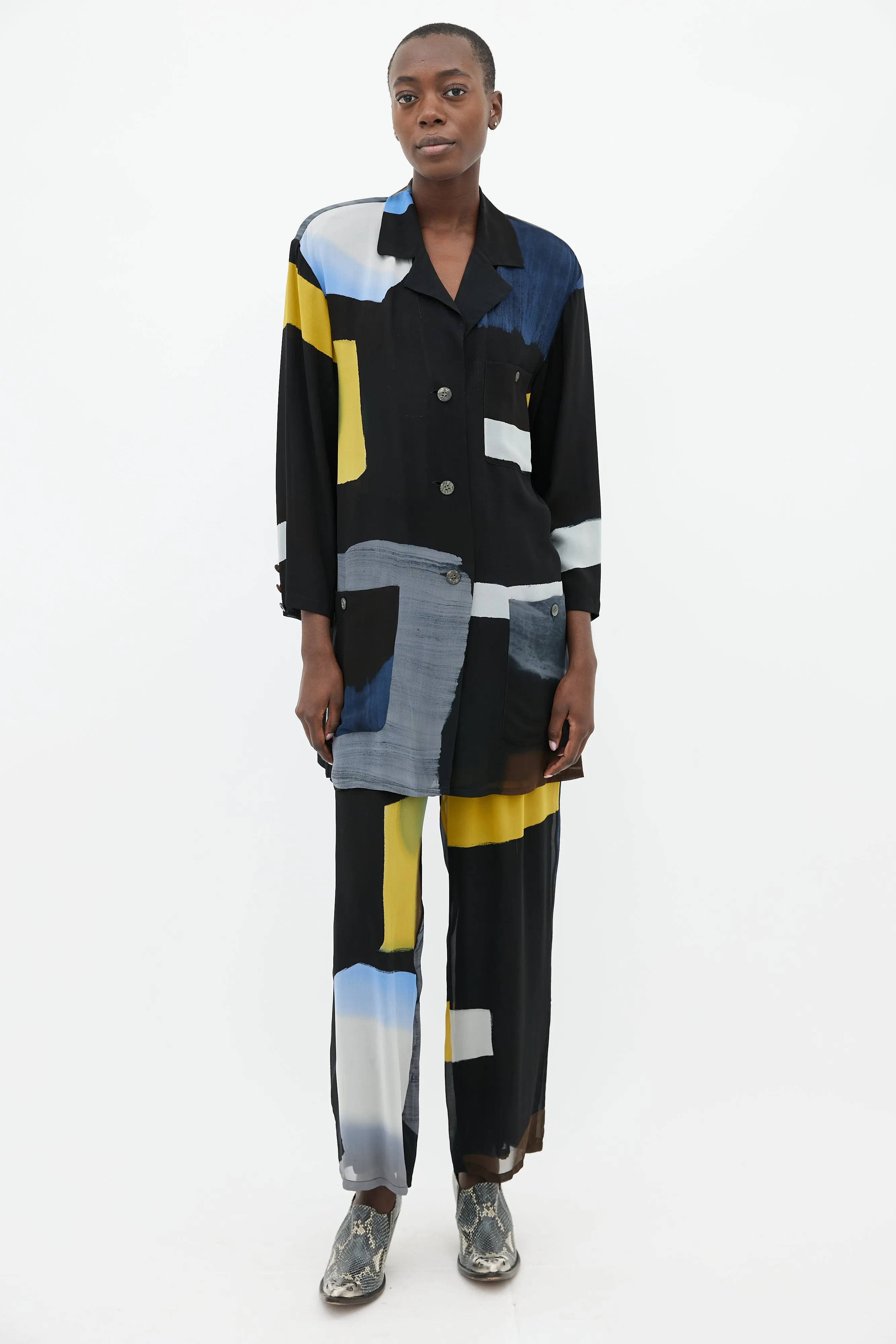 Black, Blue & Yellow Silk Shirt & Trouser Co-Ord Set