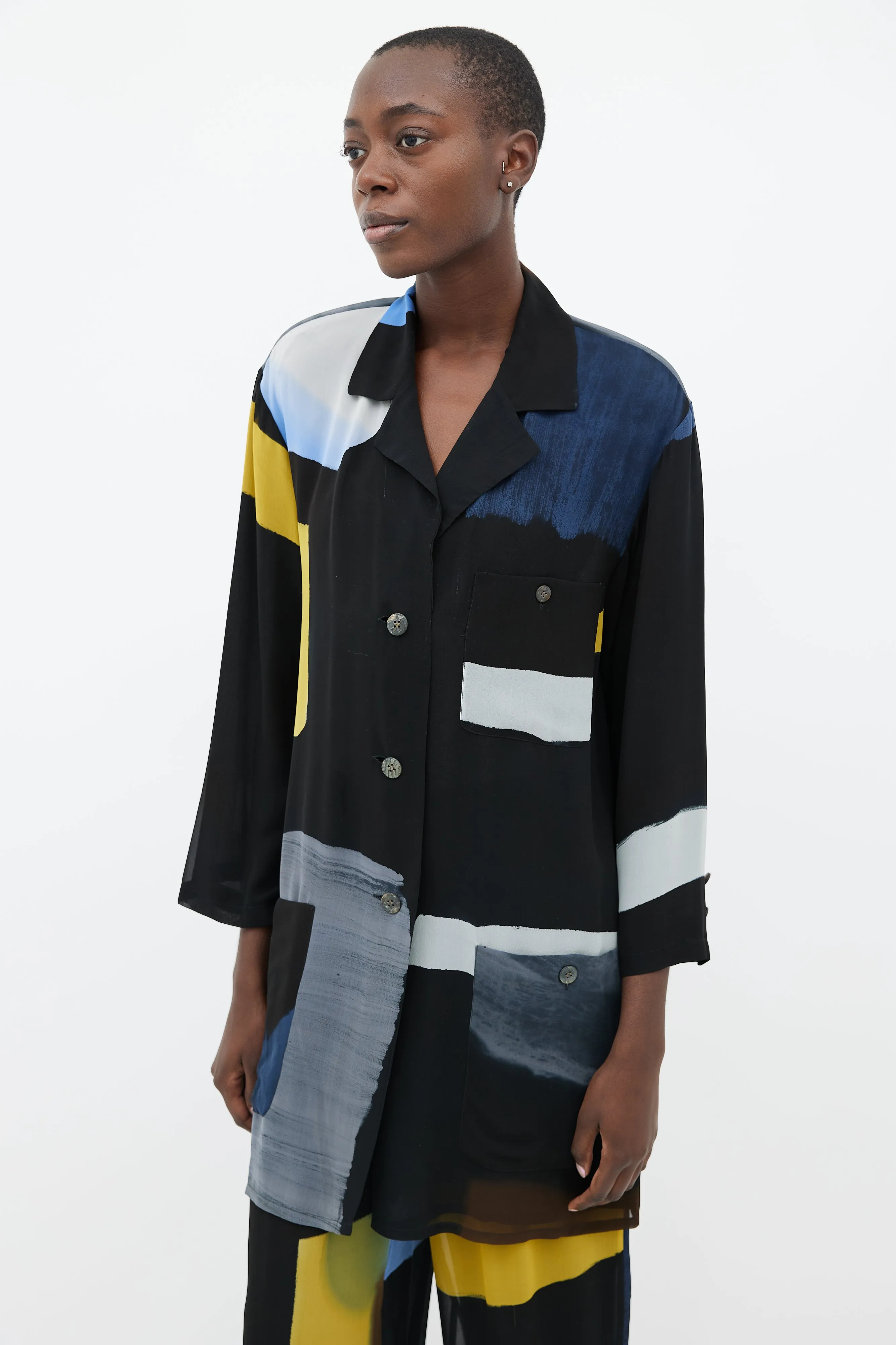 Black, Blue & Yellow Silk Shirt & Trouser Co-Ord Set