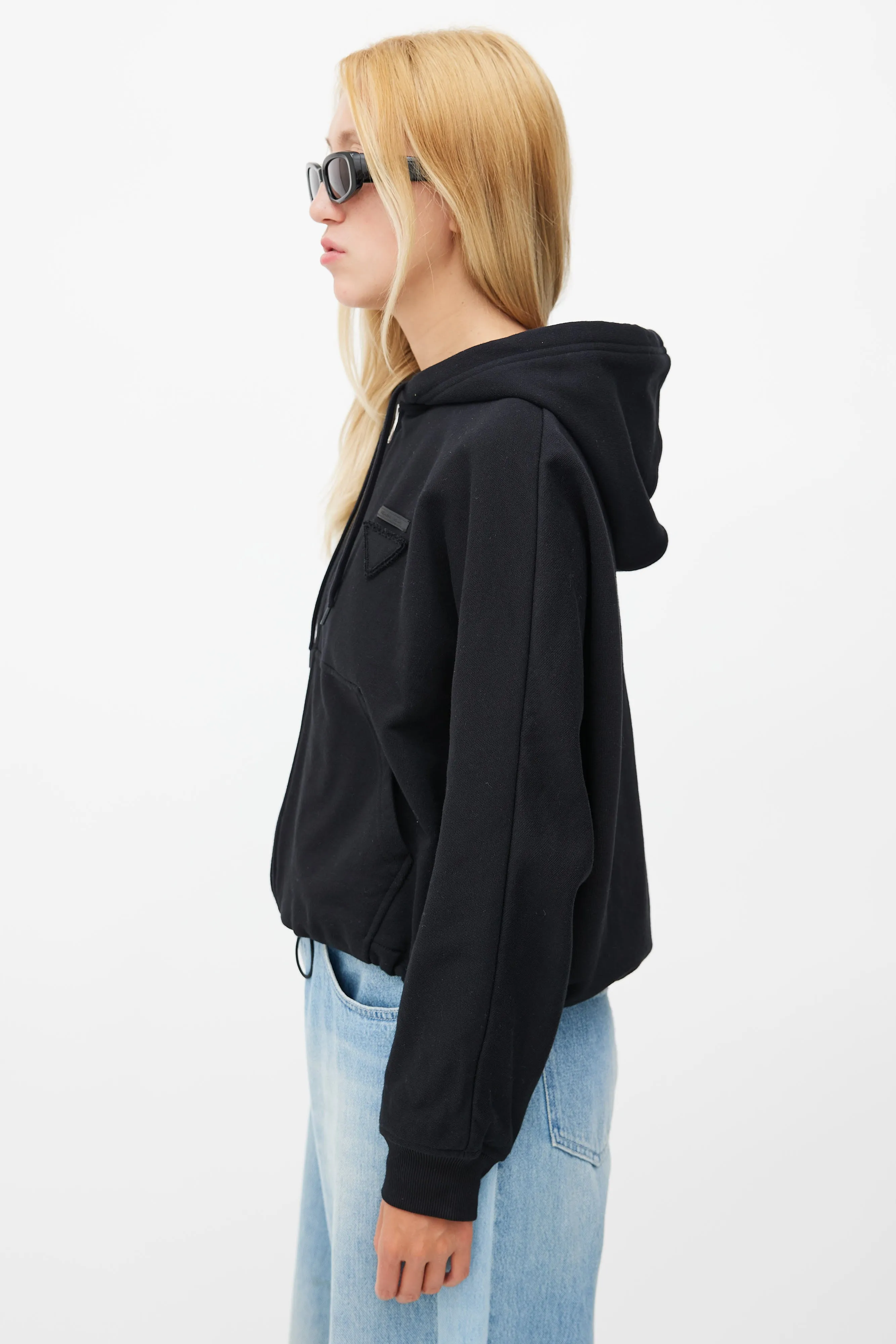 Black Drawstring Zip Logo Hoodie