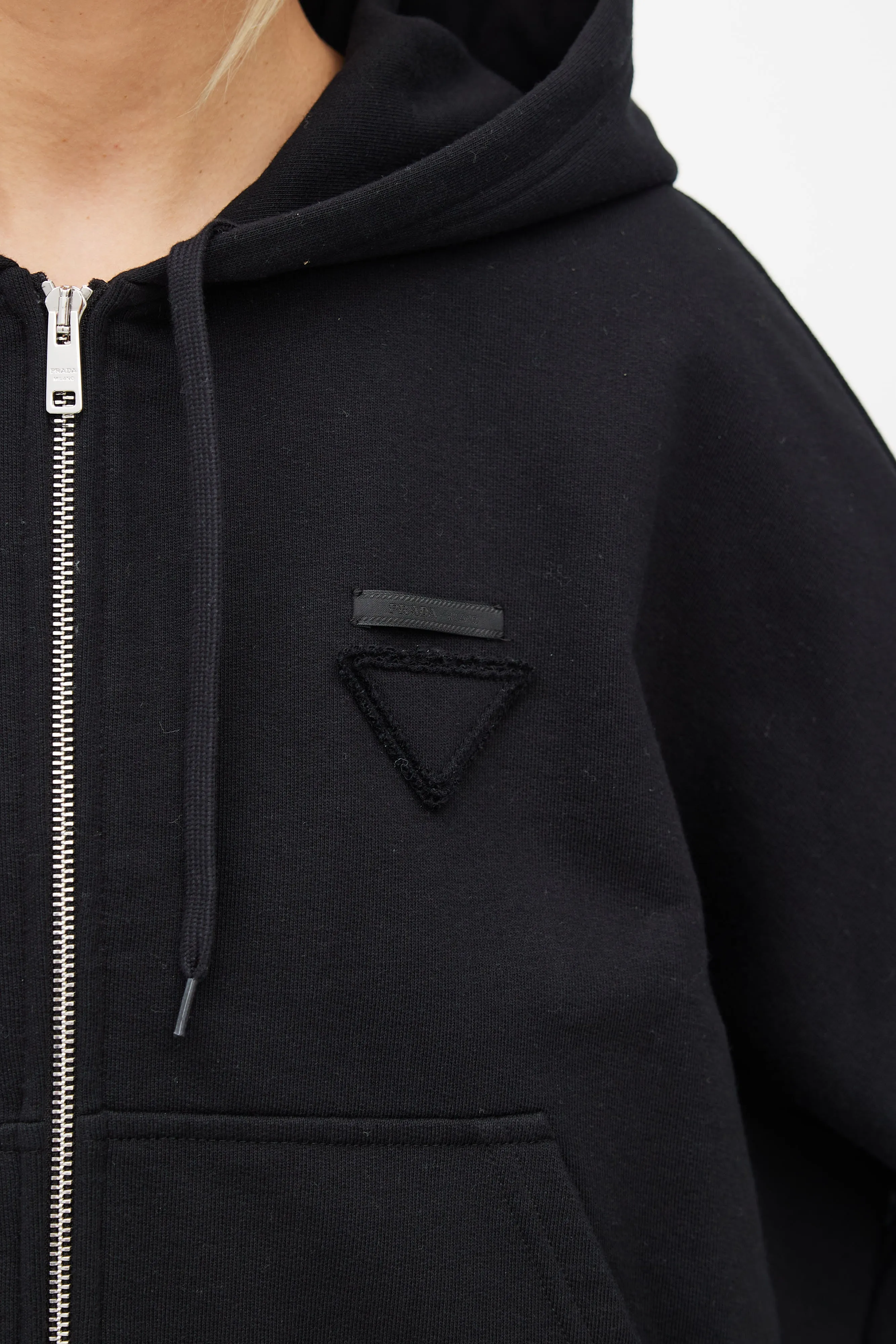 Black Drawstring Zip Logo Hoodie