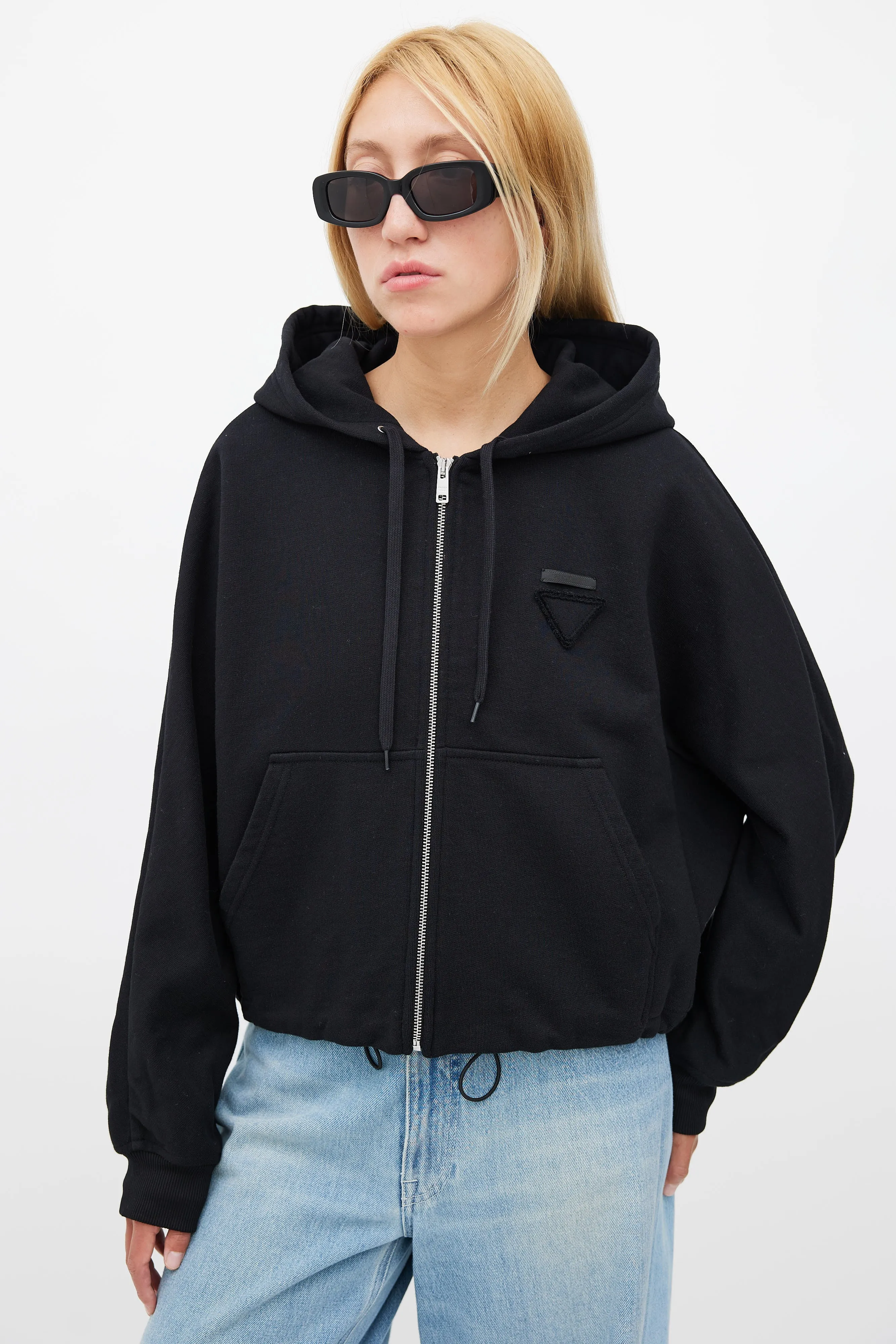 Black Drawstring Zip Logo Hoodie
