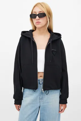 Black Drawstring Zip Logo Hoodie