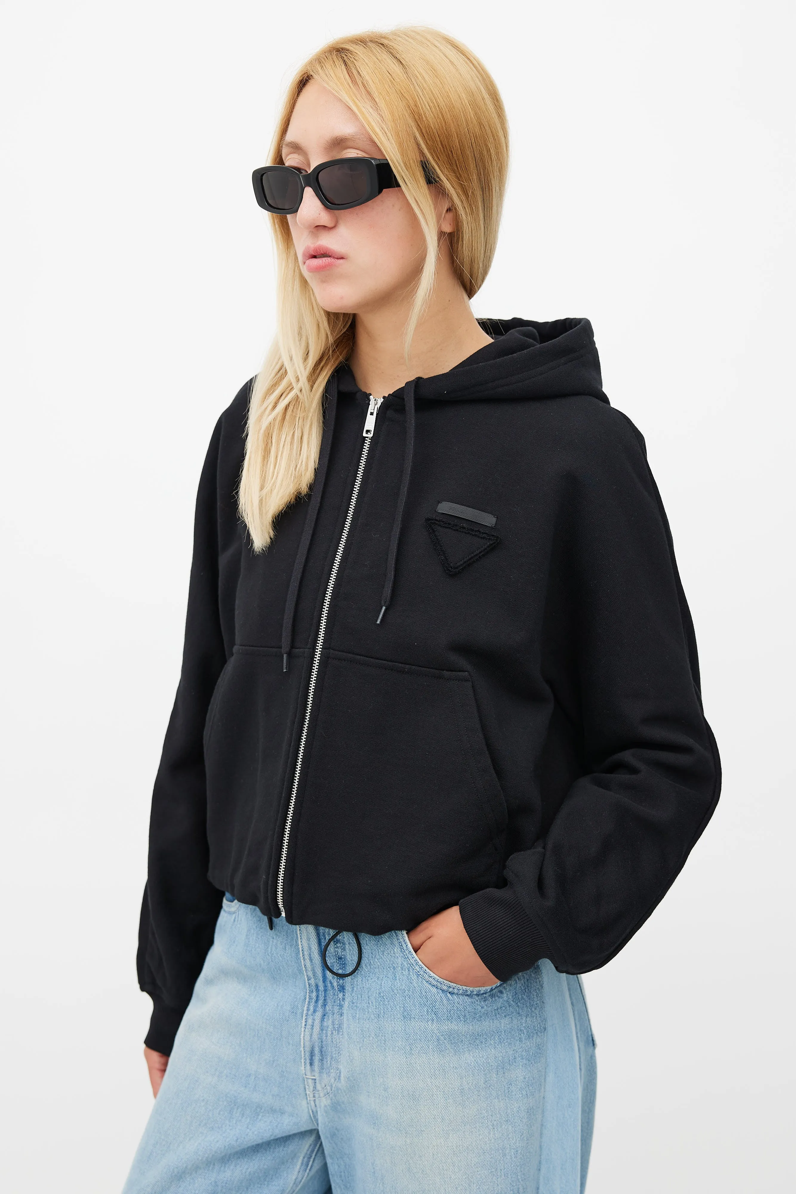 Black Drawstring Zip Logo Hoodie