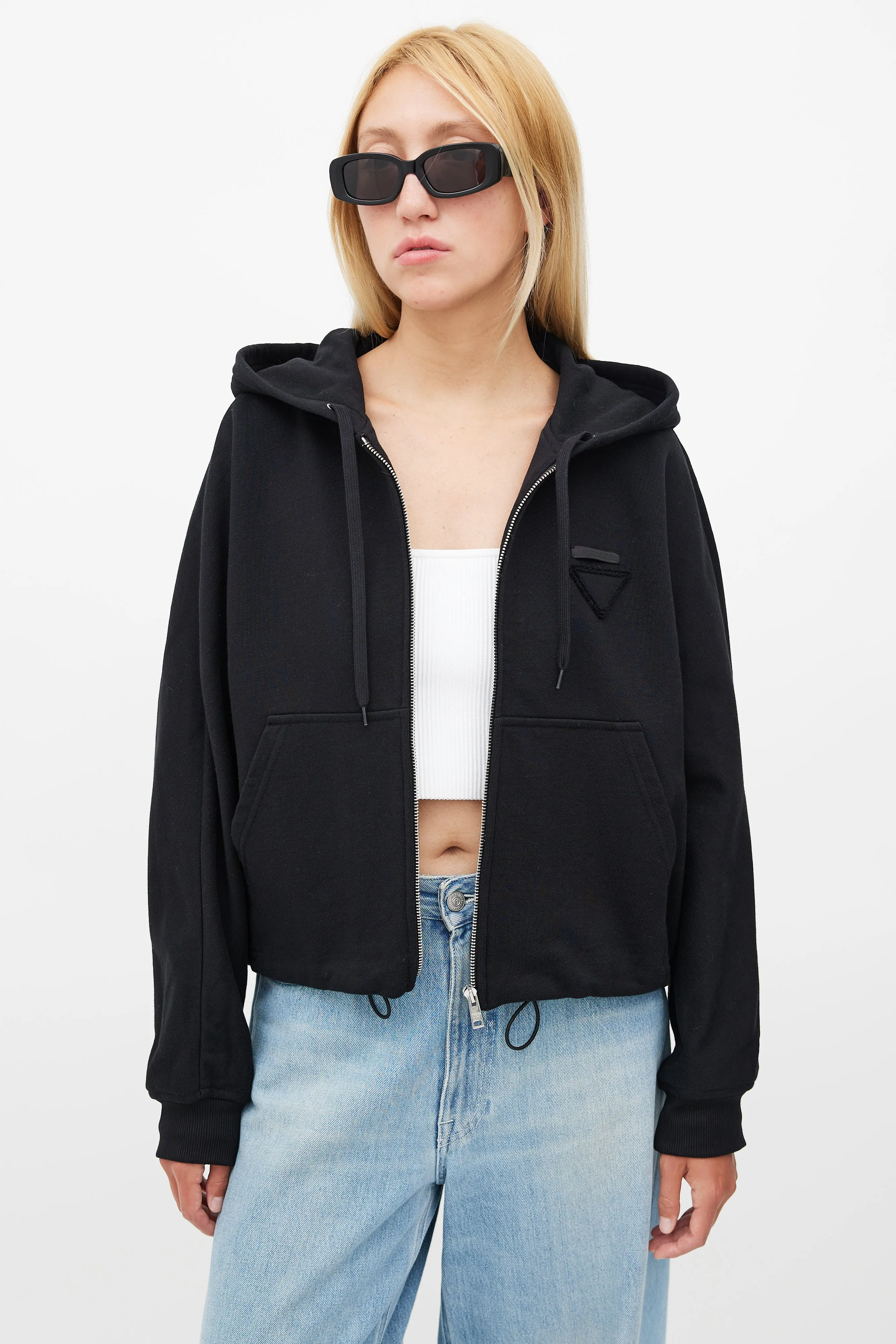 Black Drawstring Zip Logo Hoodie