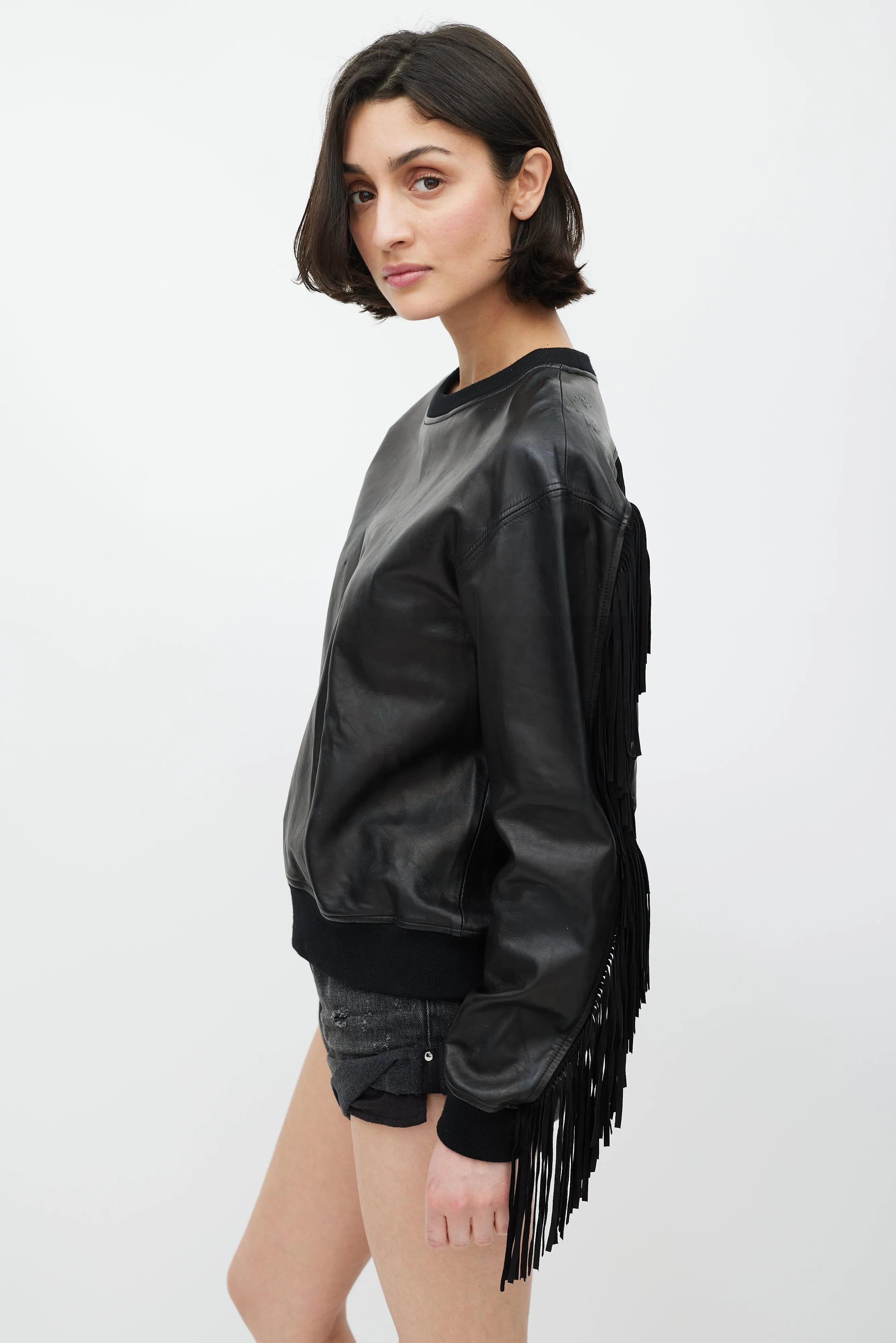 Black Leather Fringe Sweatshirt