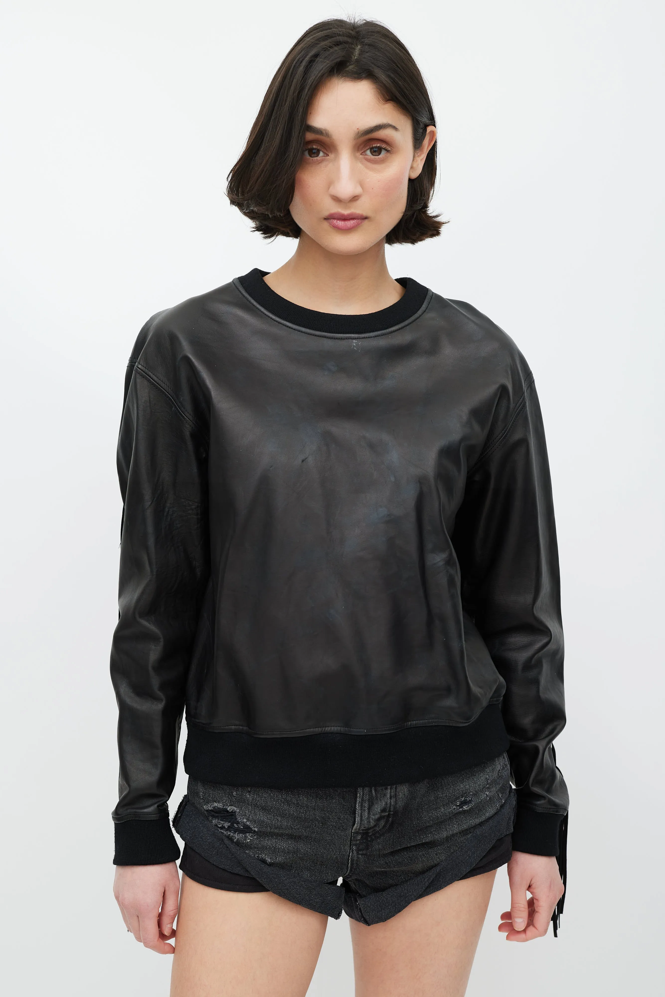 Black Leather Fringe Sweatshirt