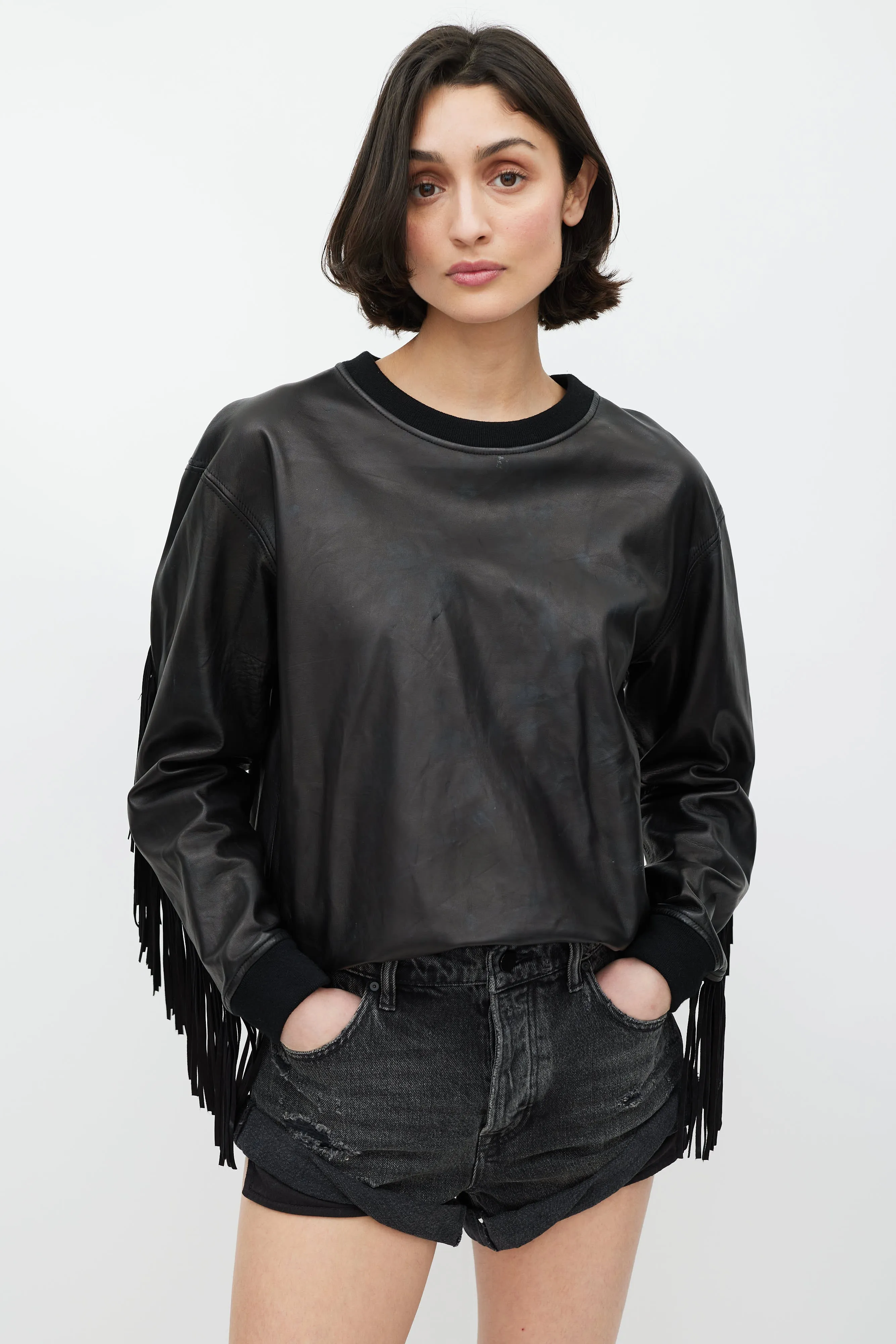 Black Leather Fringe Sweatshirt