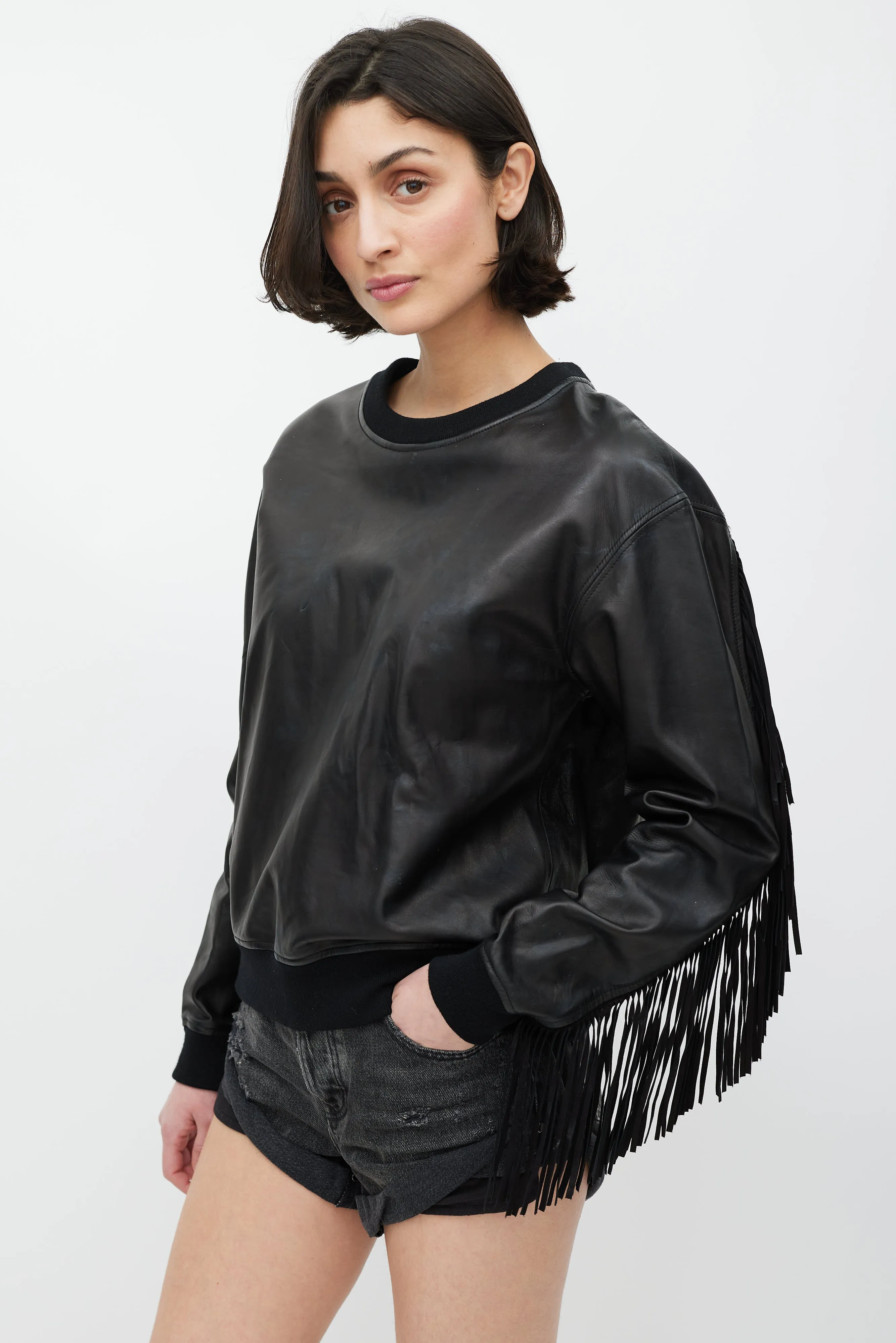 Black Leather Fringe Sweatshirt