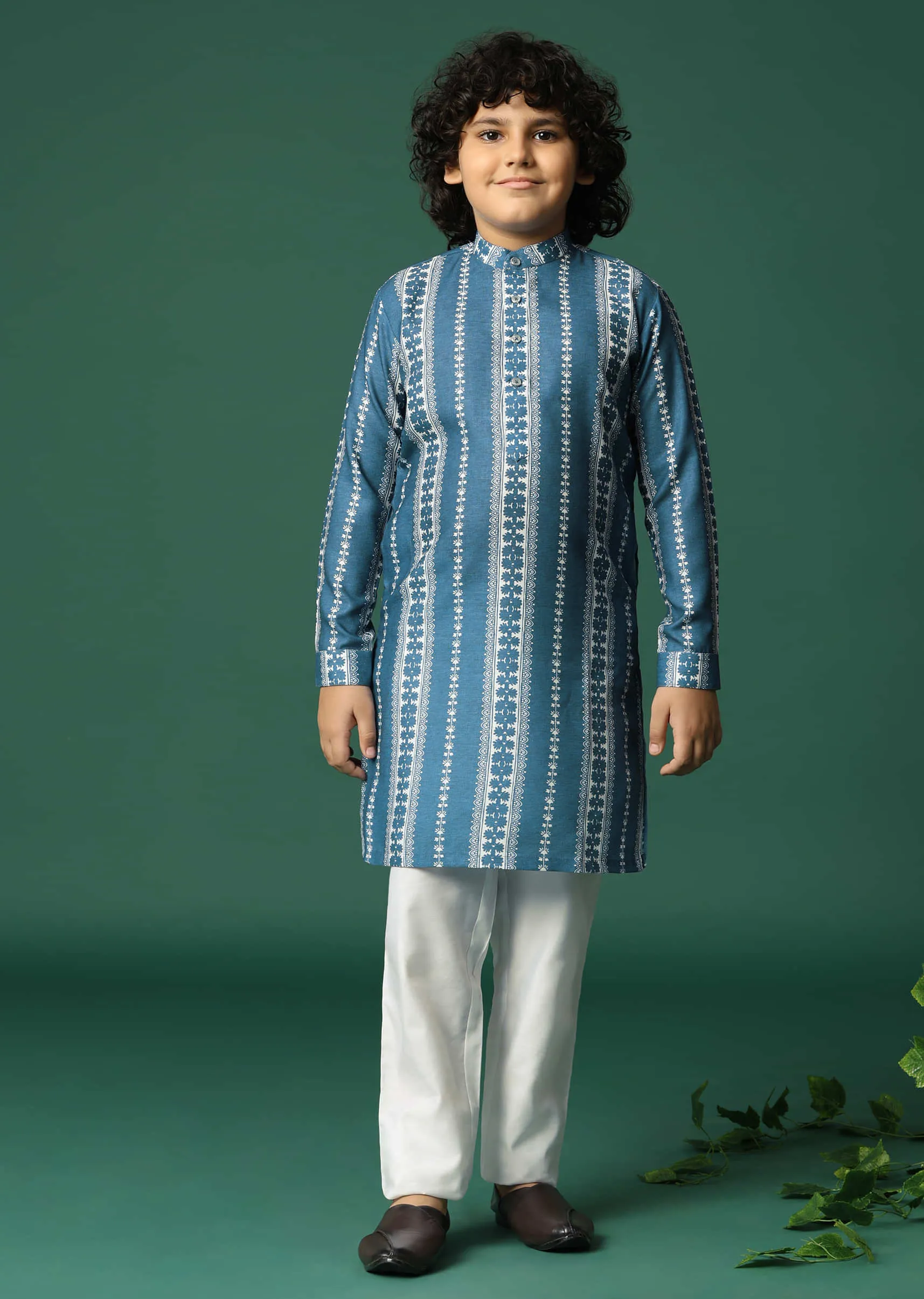 Blue Printed Cotton Silk Kurta Pant For Boys