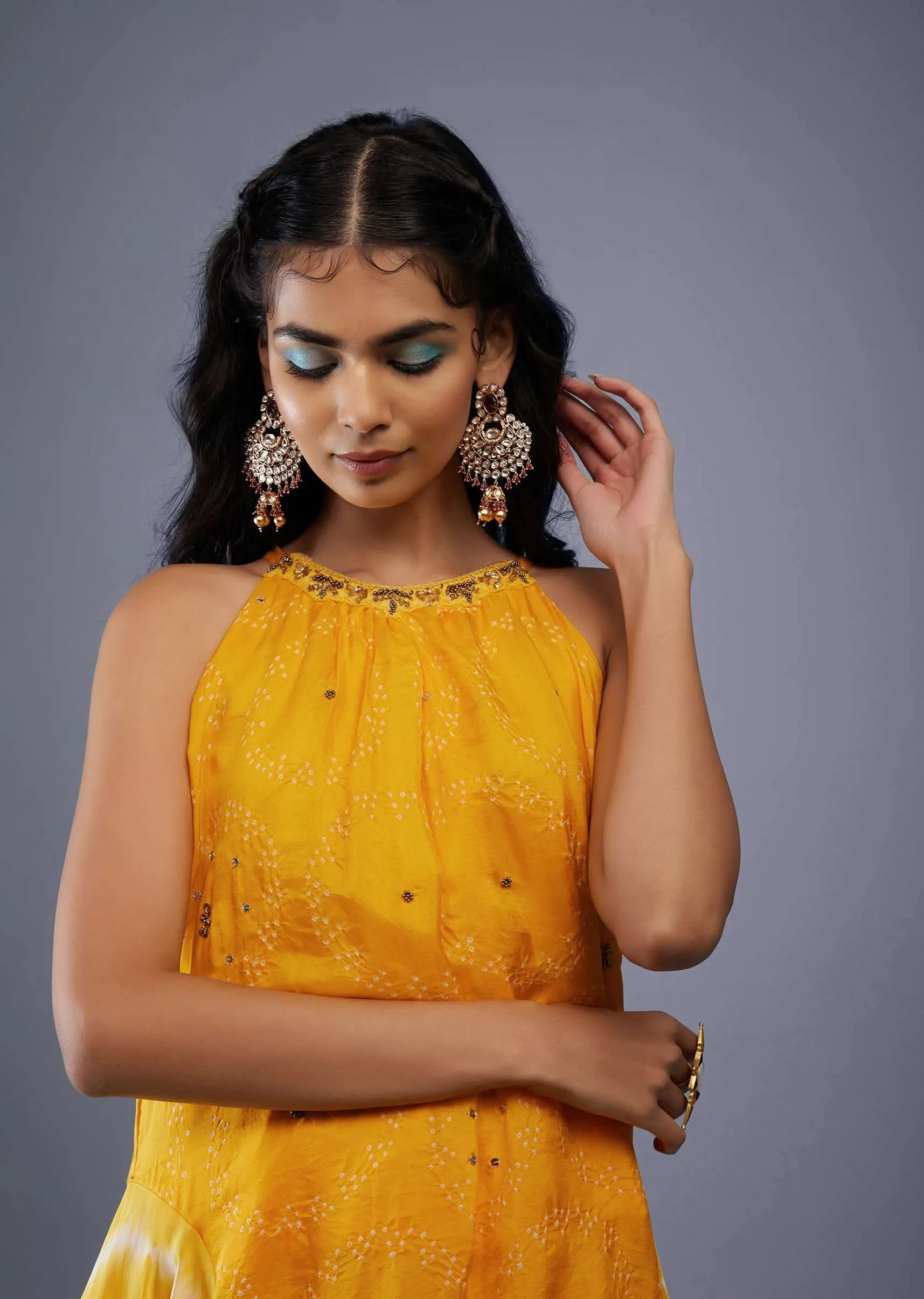 Cyber Yellow Bandhani Tunic Top In Silk With Printed Silk Dhoti Pants