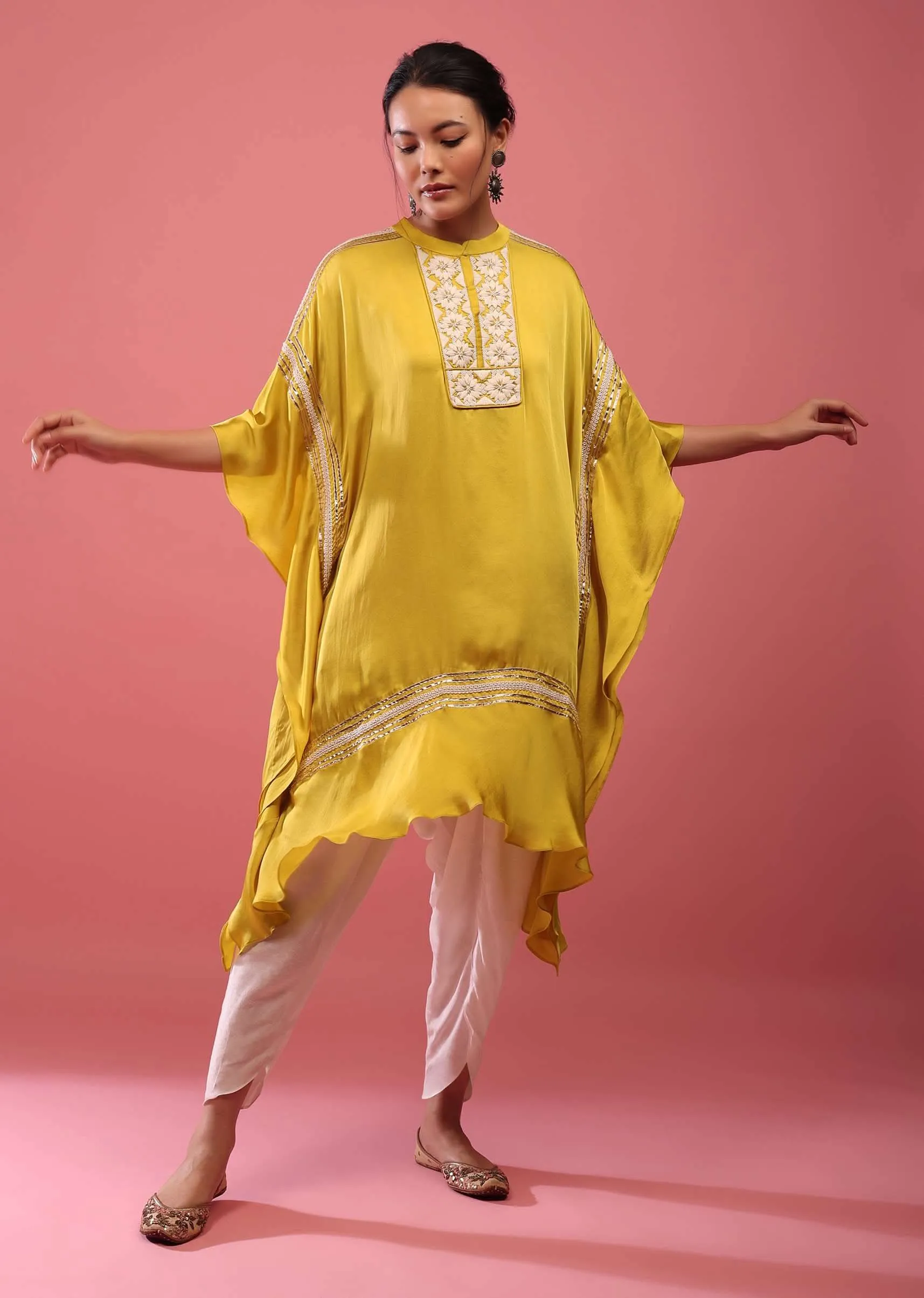 Cyber Yellow Kaftan Suit Embroidered In Satin With Dhoti Pants