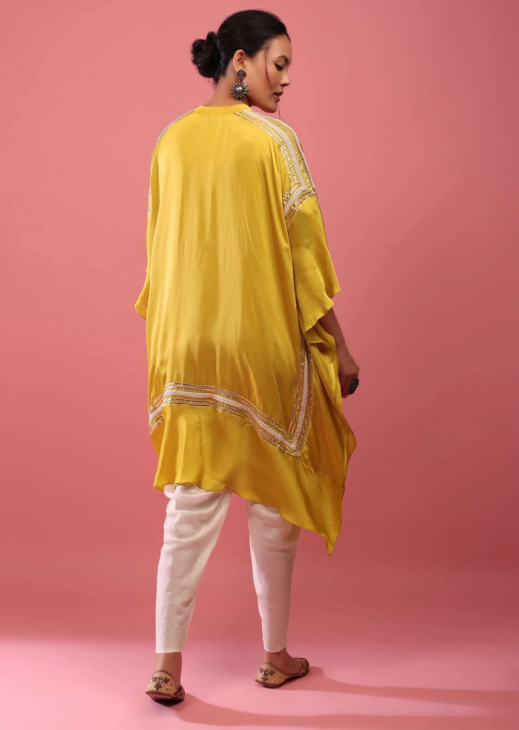 Cyber Yellow Kaftan Suit Embroidered In Satin With Dhoti Pants