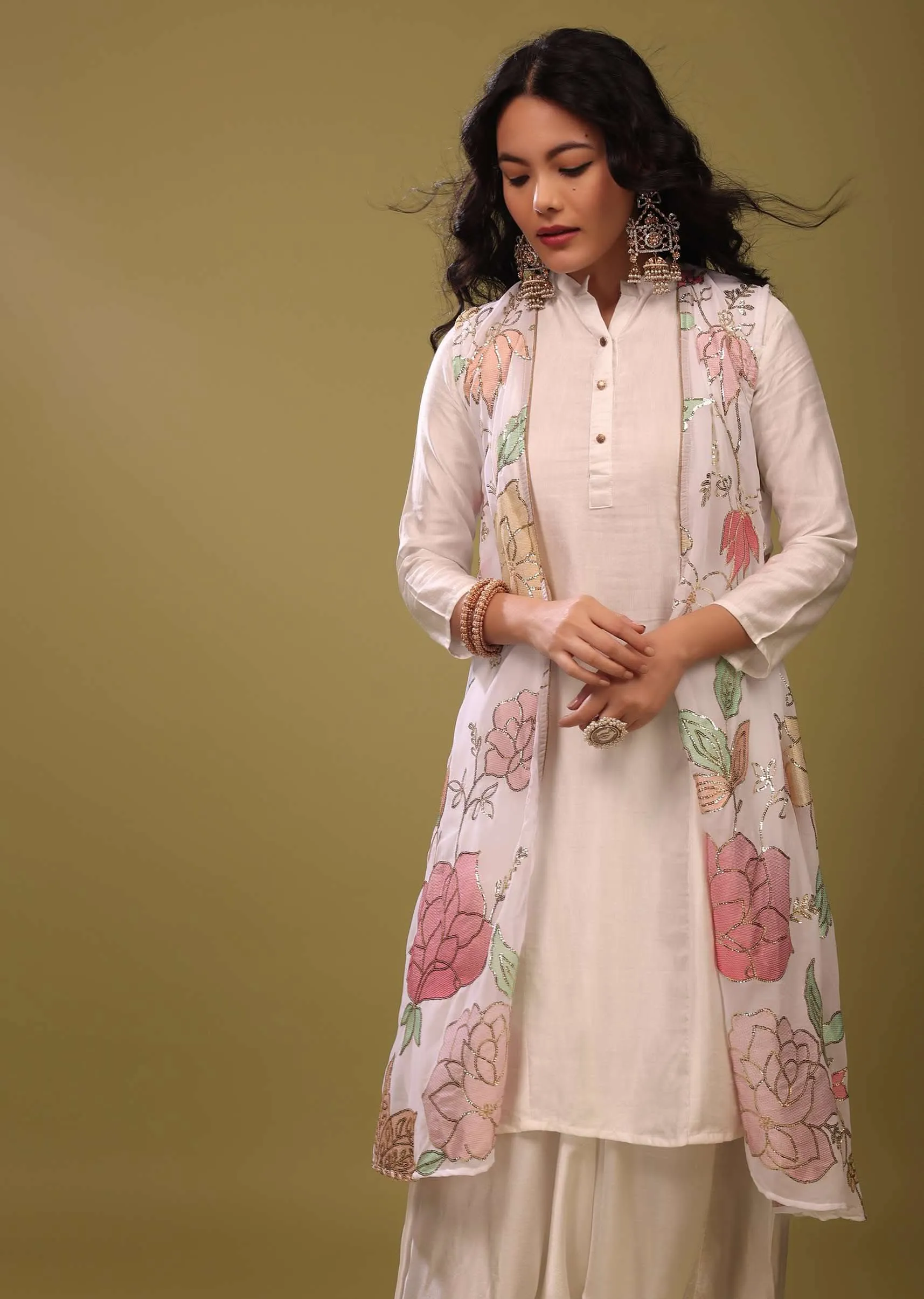Festive Bright White Princess Kurta With Cowl Pants And An Embroidered Floral Jacket