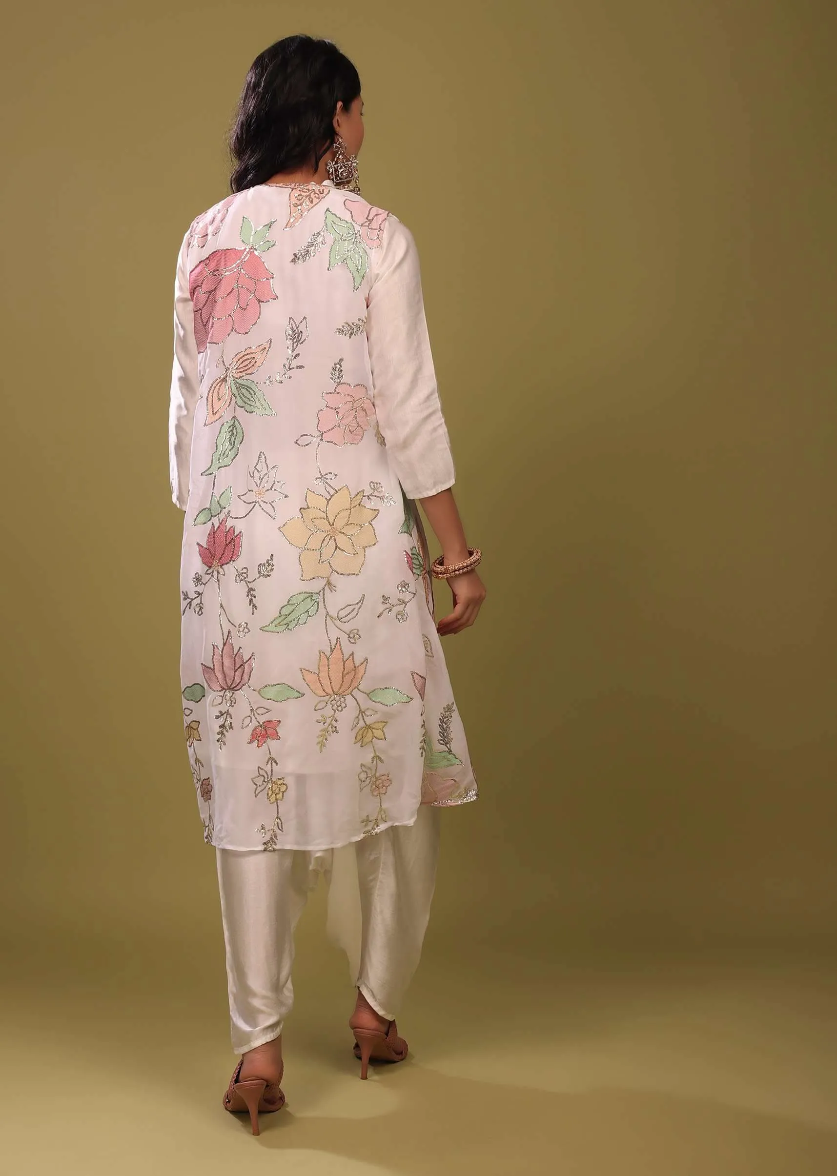 Festive Bright White Princess Kurta With Cowl Pants And An Embroidered Floral Jacket