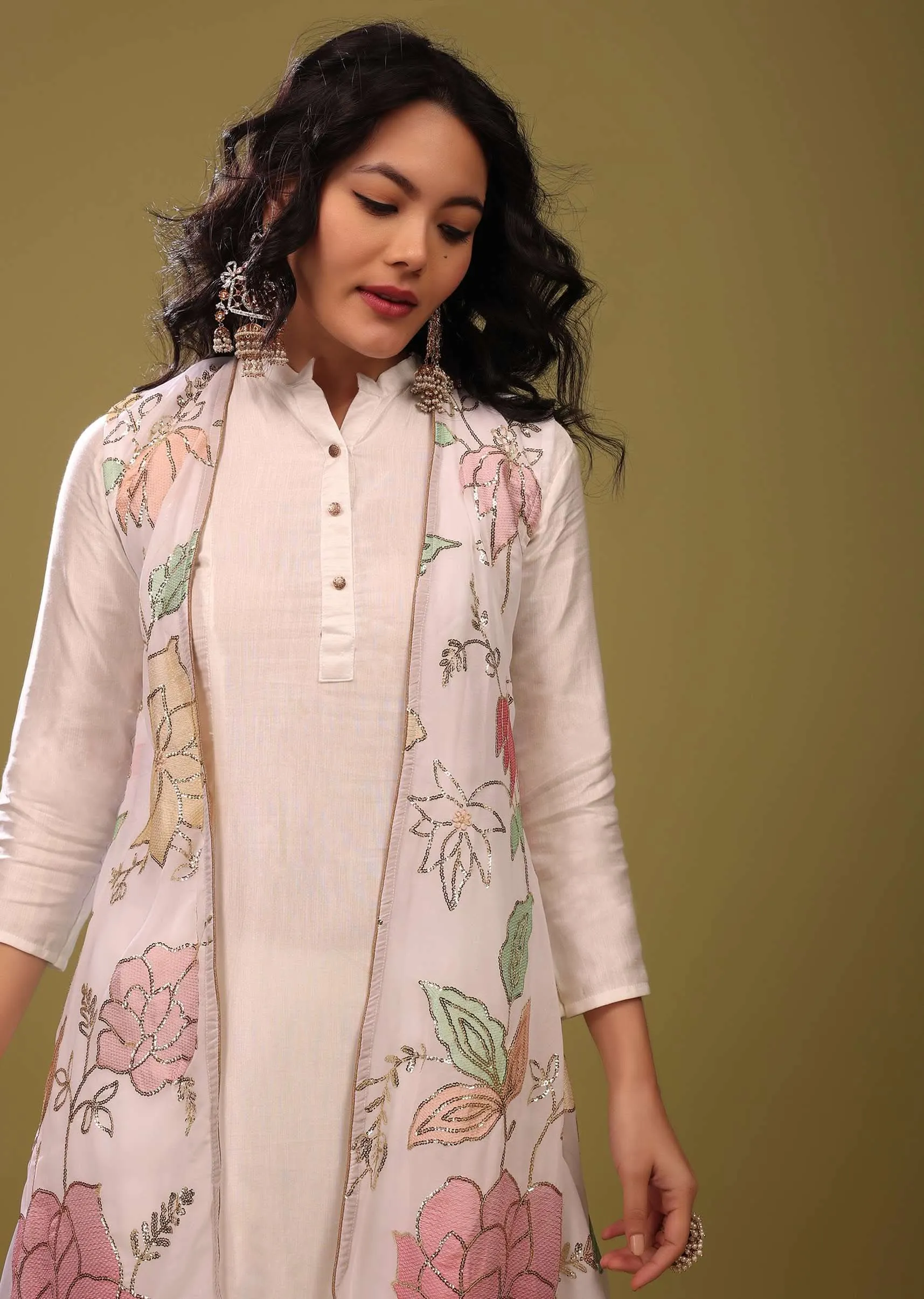 Festive Bright White Princess Kurta With Cowl Pants And An Embroidered Floral Jacket
