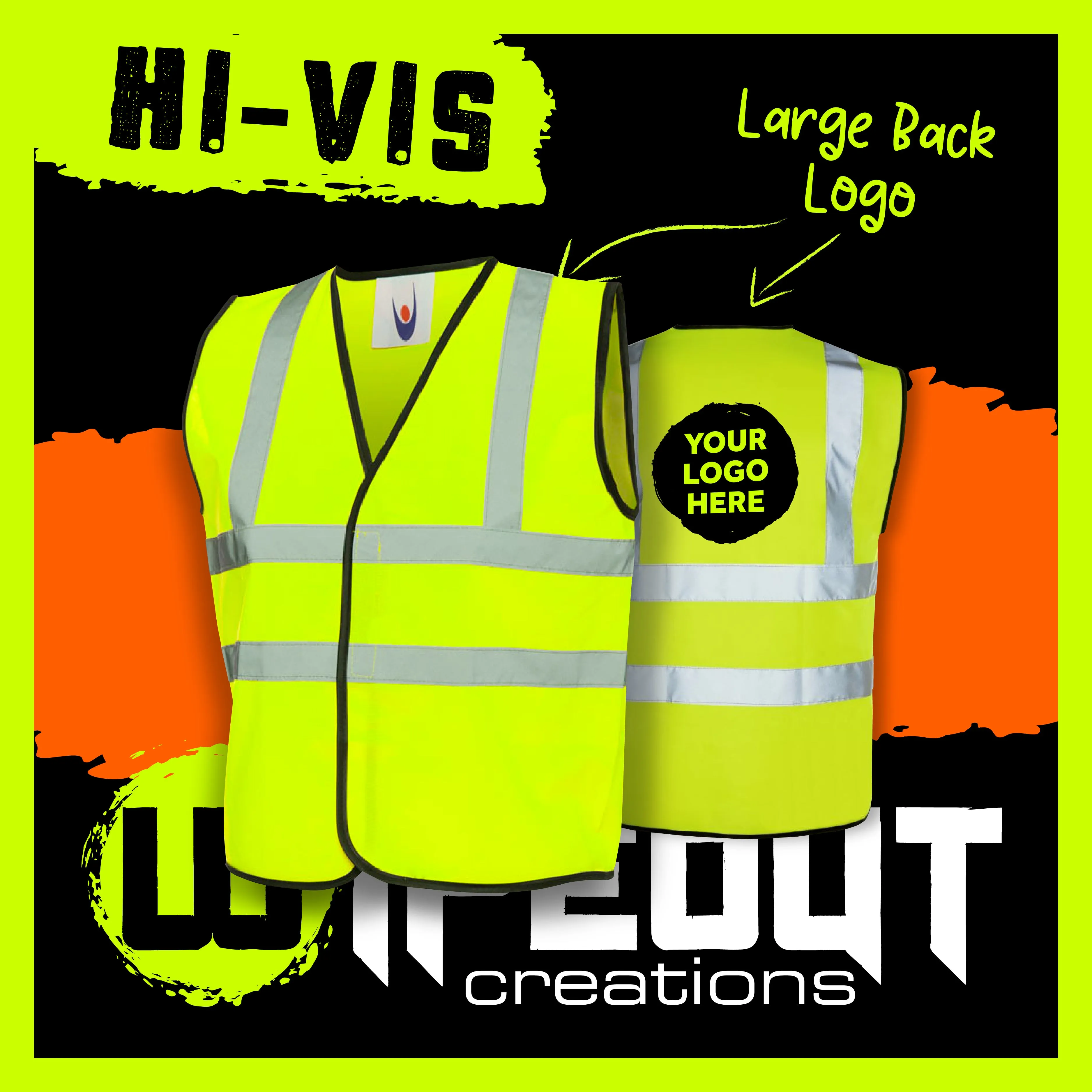High Visibility Back Print Vests (yellow or orange) x25 - Logo or Text