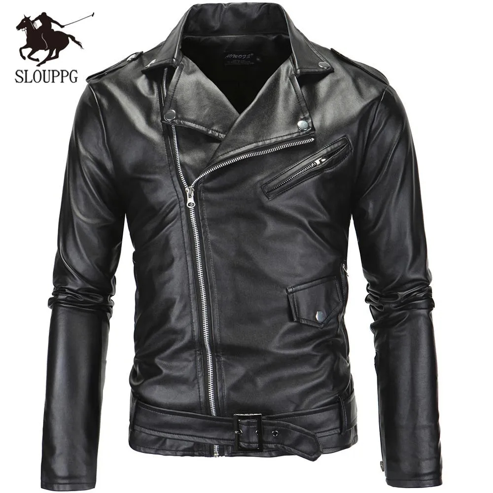 Spring Autumn Motorcycle Leather Jacket Men Slim Fit Oblique Zipper PU Jacket Men's Leather Jackets Motorcycle PU Leather men