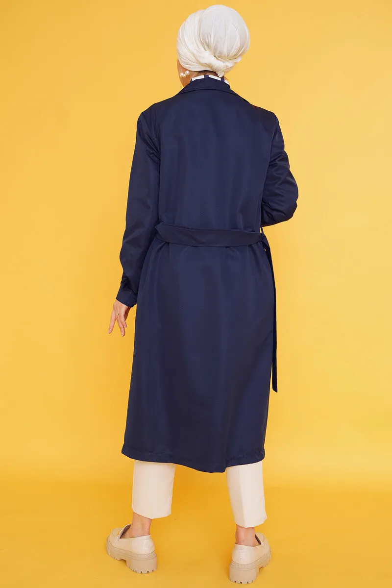Three-Button Double-Breasted Trench Coat - Navy Blue
