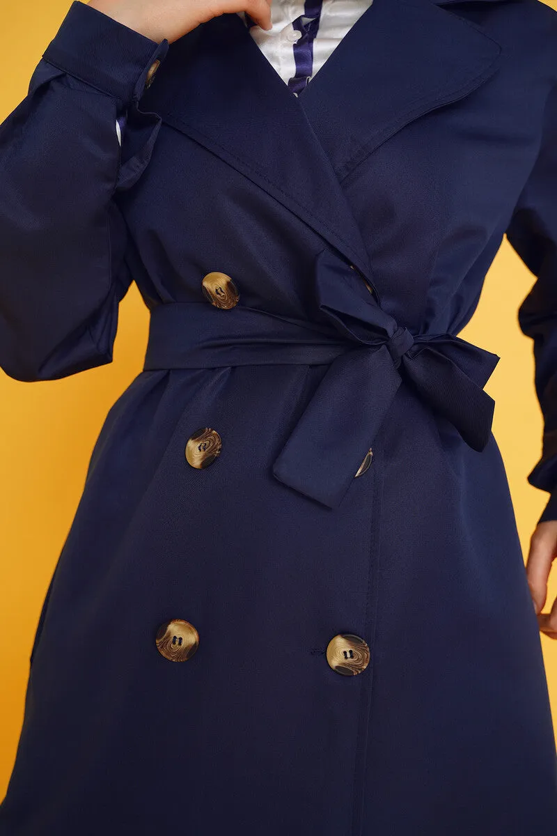 Three-Button Double-Breasted Trench Coat - Navy Blue