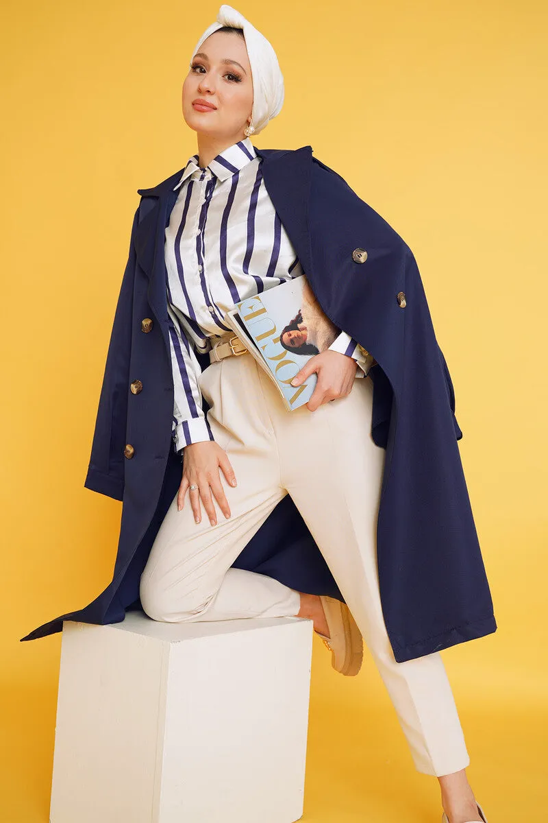 Three-Button Double-Breasted Trench Coat - Navy Blue