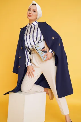 Three-Button Double-Breasted Trench Coat - Navy Blue