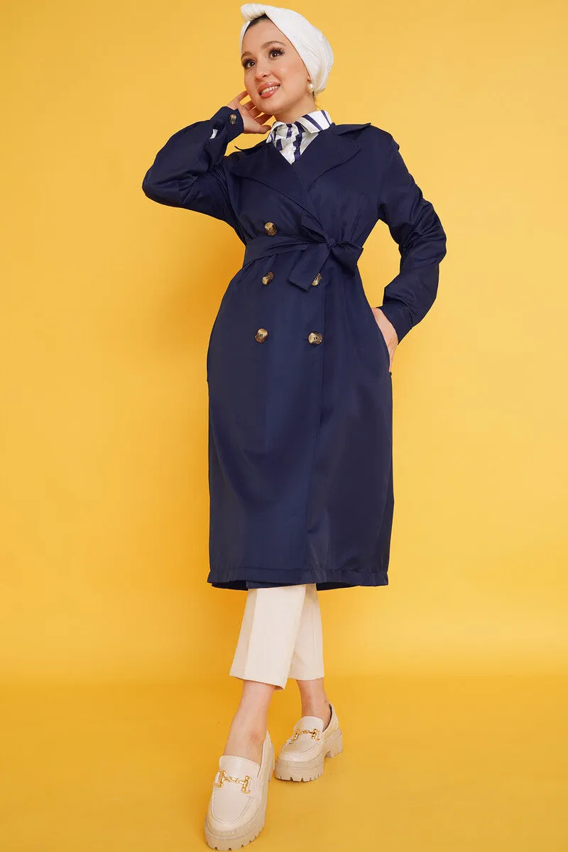 Three-Button Double-Breasted Trench Coat - Navy Blue