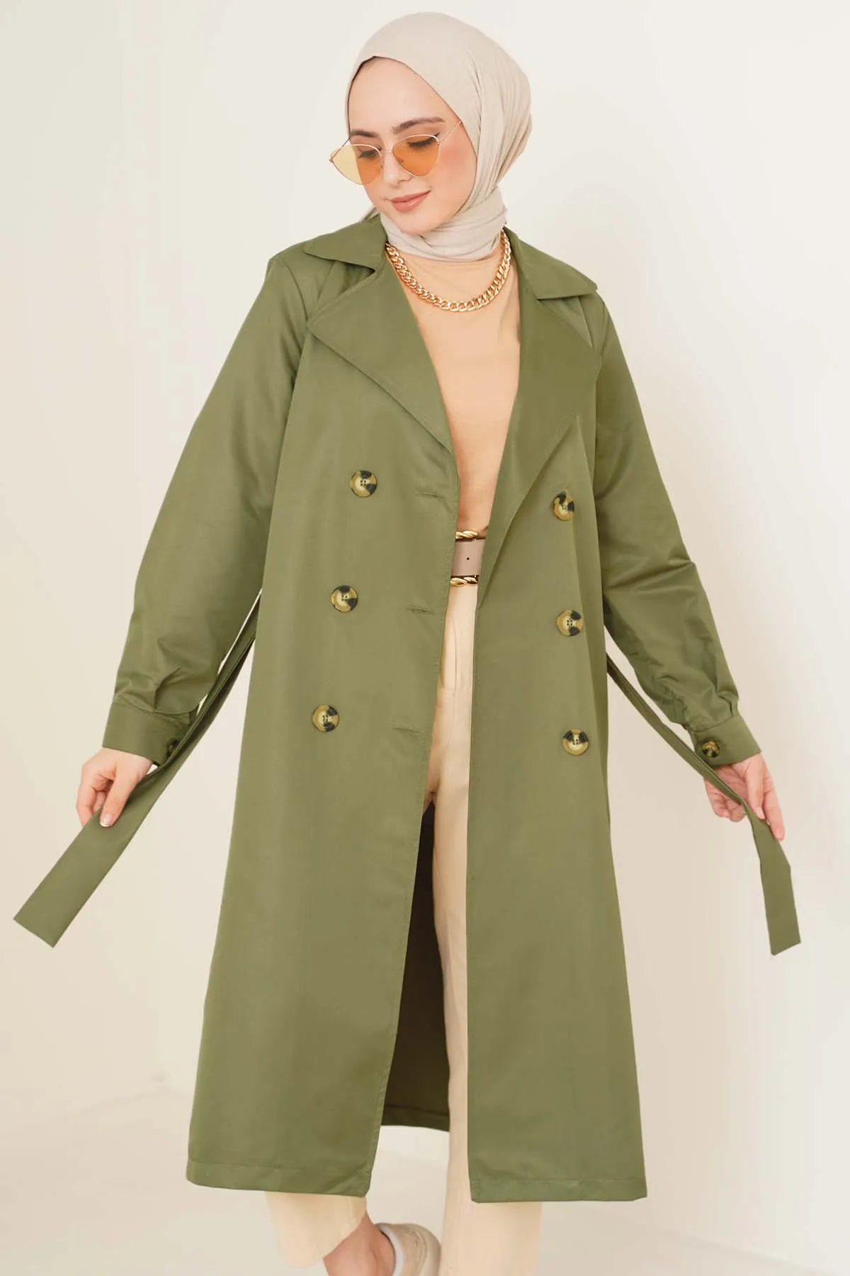 Three-Button Double-Breasted Trench Coat - Pastel Green