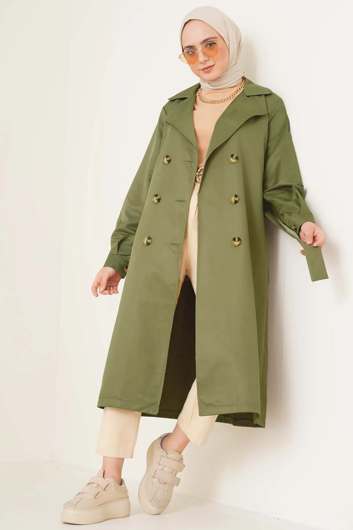 Three-Button Double-Breasted Trench Coat - Pastel Green