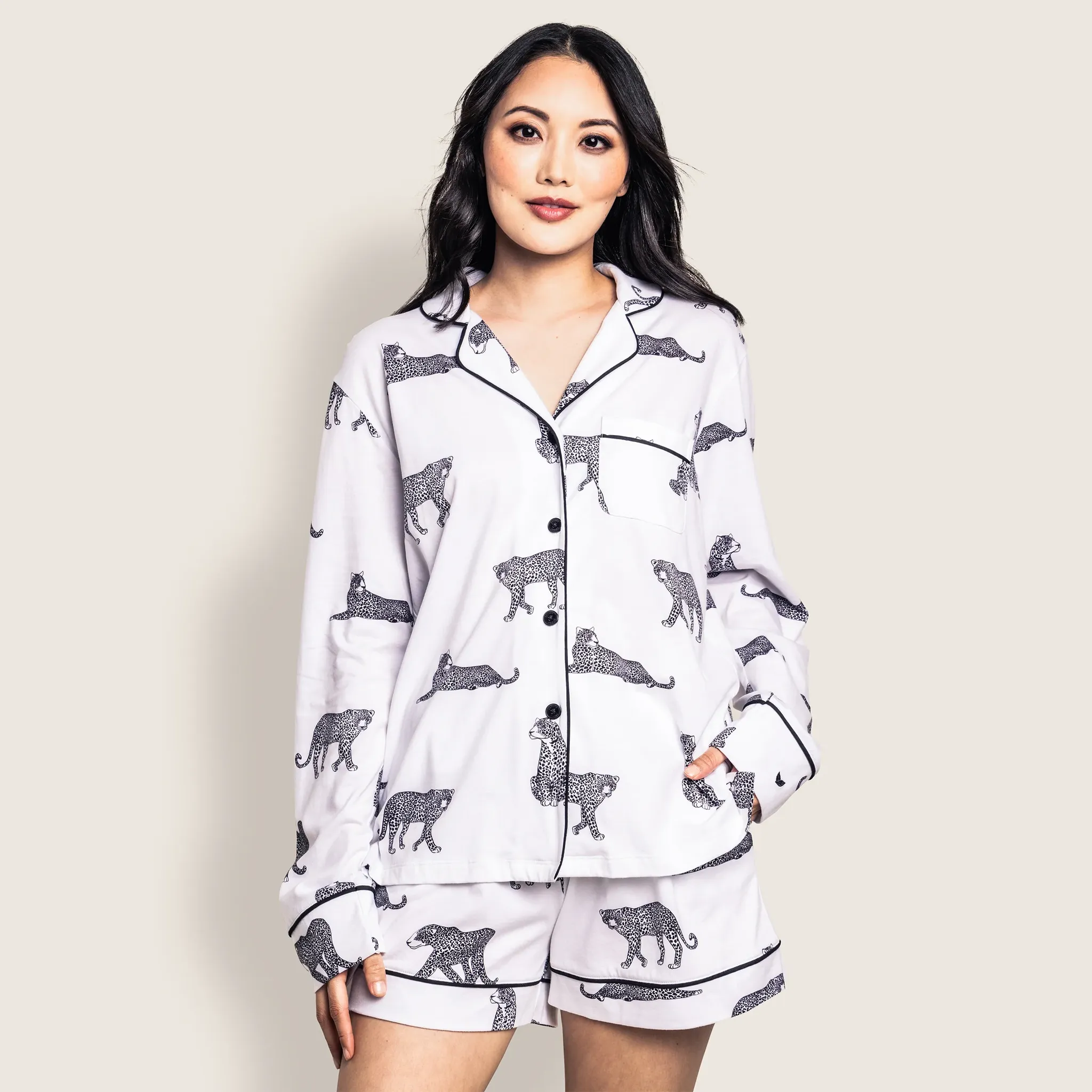 Women's Pima Cotton PJ Sets Panthère de Paris Long Sleeved Top Short Bottoms